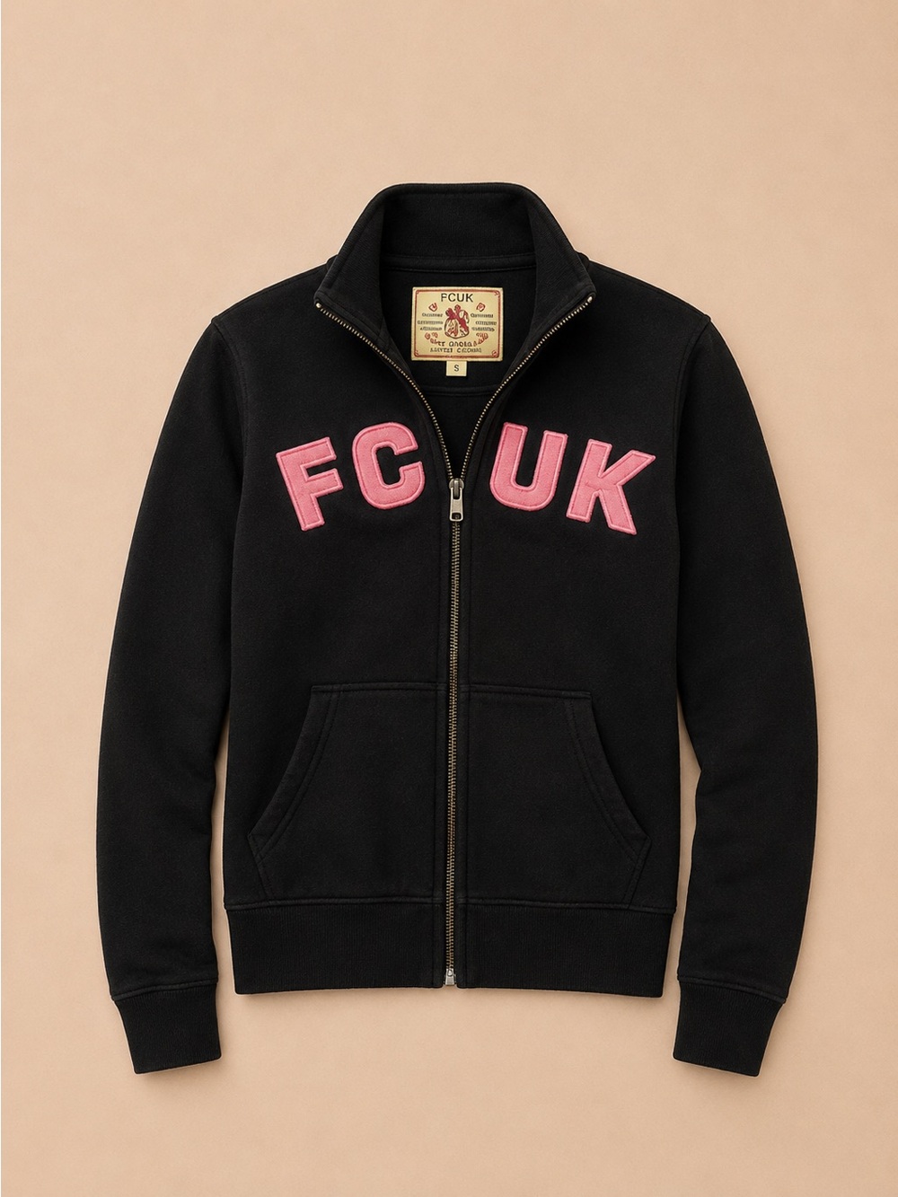 Vintage FCUK Zip Hoodie Black Pink Logo Y2K Sweatshirt